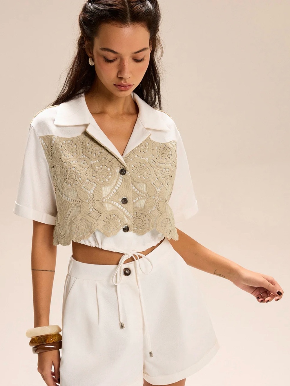 Commense Lace-Paneled Cropped Shirt Shorts Set - XL